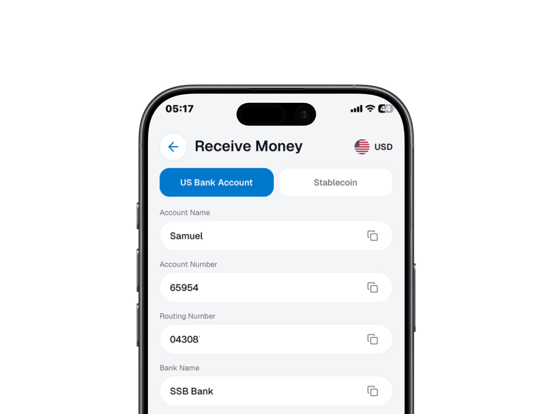 Easner Mobile receive screen showing shareable account details